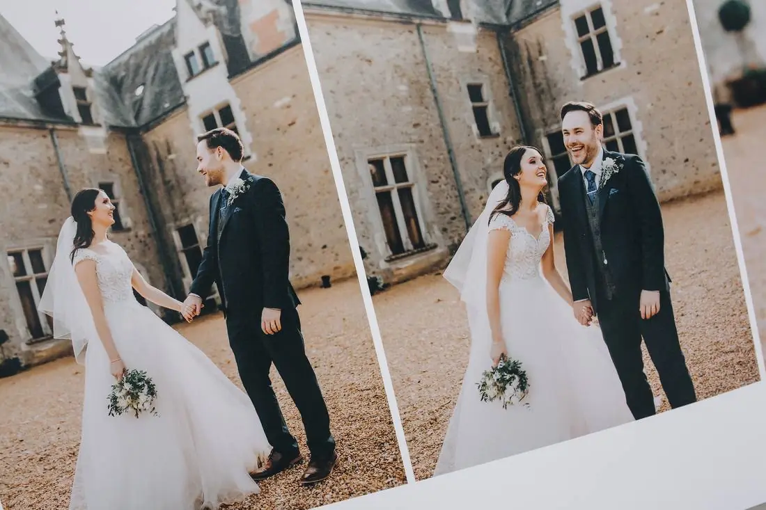 The couple walking in front of the château